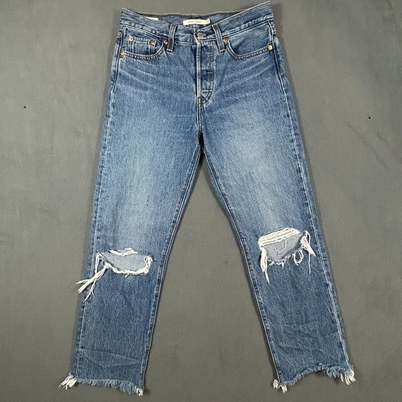 Levis Premium Jeans Womens 26 Wedgie‎ Straight Distressed Button Fly 100% Cotton - Picture 1 of 16